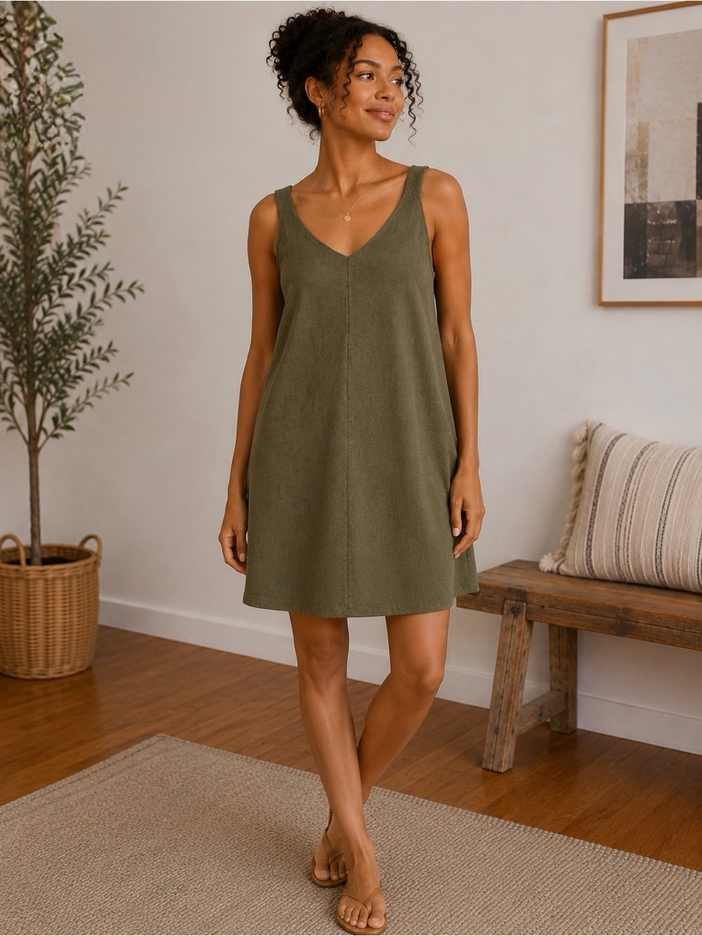 SHEIN Olive Green Sleeveless V-Neck A-Line Mini Dress. Size: XL